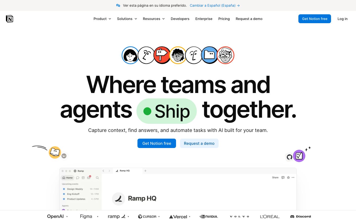 Screenshot of the Notion website